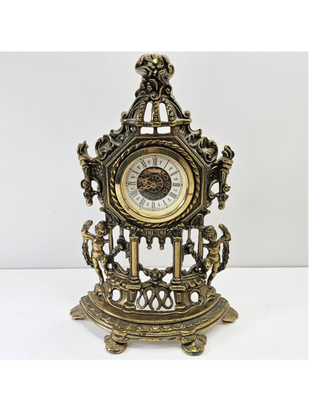 Vintage West Germany Wind Up Mantel Clock Cherub Ornate 9" Runs Slow AGAD Desk